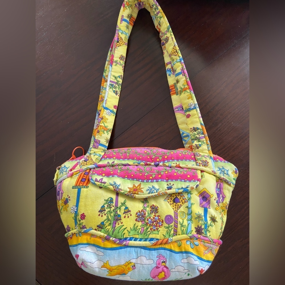 Colorful Bird & Flower Handmade Purse Whimsical Quilted Cotton - Picture 2 of 11